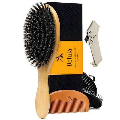 Belula Boar Bristle Hair Brush Set for Men - Soft Mens Hair Brush for Thin, Normal & Short Hair - Includes Wooden Comb, 2 Palm Brushes & Travel Bag Avelisse