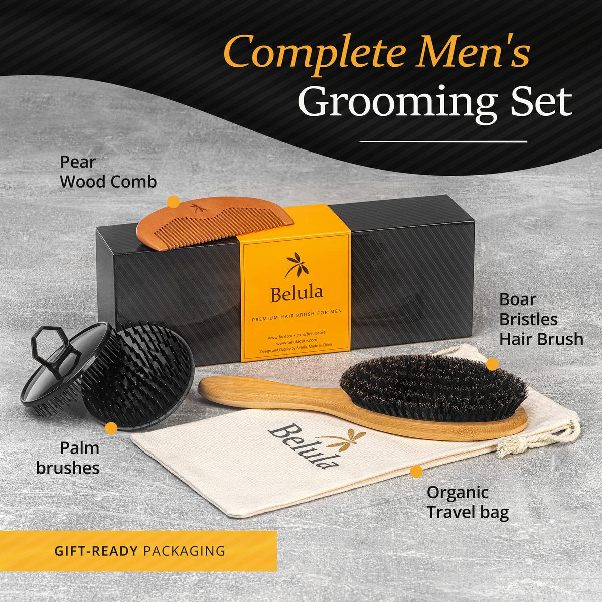 Belula Boar Bristle Hair Brush Set for Men - Soft Mens Hair Brush for Thin, Normal & Short Hair - Includes Wooden Comb, 2 Palm Brushes & Travel Bag Avelisse