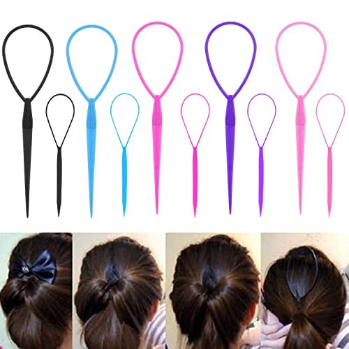 WSYUB Topsy Tail Tools - 10 Pack Hair Styling Accessories for French Braids, Large & Trumpet Sizes, 5 Colors, Silicone Loop - görsel 6