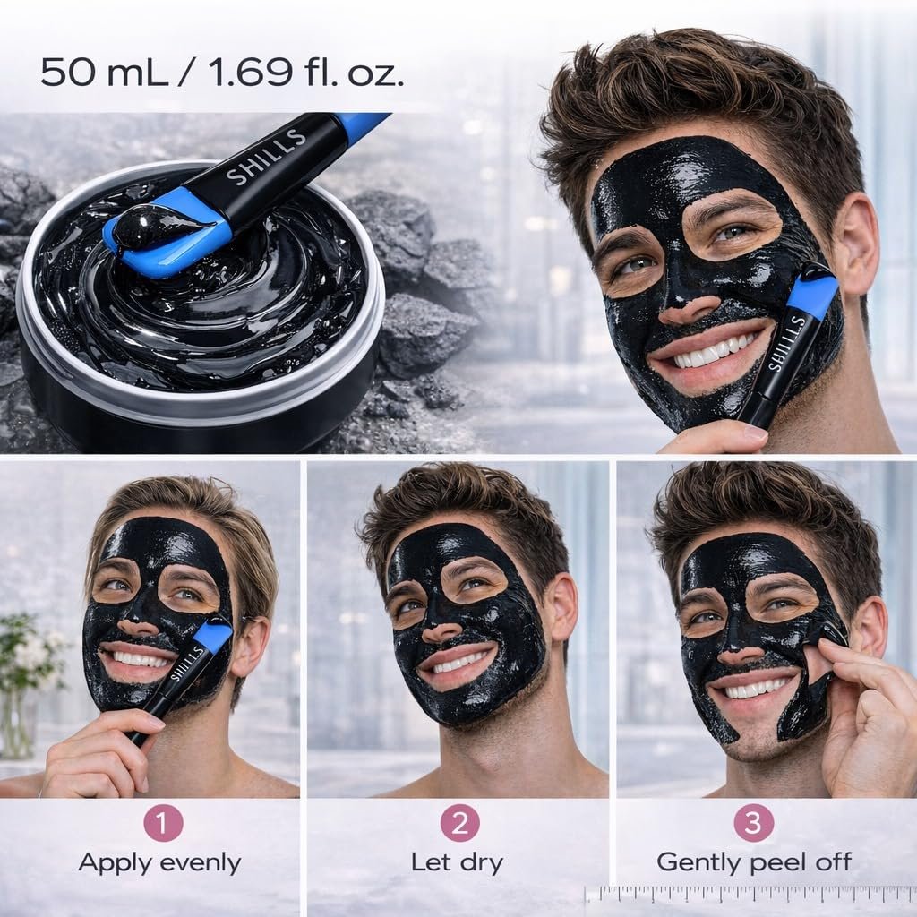 SHILLS Charcoal Mask for Men with Brush Set – Deep Pore Cleansing Face Mask, 1.69 fl oz - görsel 10
