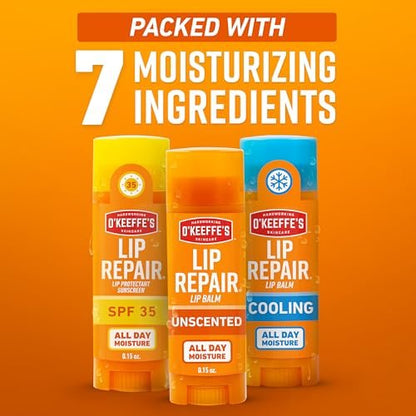 O'Keeffe's Lip Repair Lip Balm Set for Dry, Cracked Lips - Stick (Pack of 3: 1 Cooling + 1 Unscented + 1 SPF) - Moisturizer for Extremely Cracked, Dry Lips