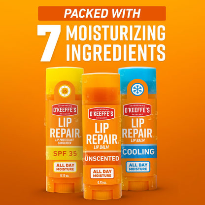O'Keeffe's Lip Repair Lip Balm Set for Dry, Cracked Lips - Stick (Pack of 3: 1 Cooling + 1 Unscented + 1 SPF) - Moisturizer for Extremely Cracked, Dry Lips