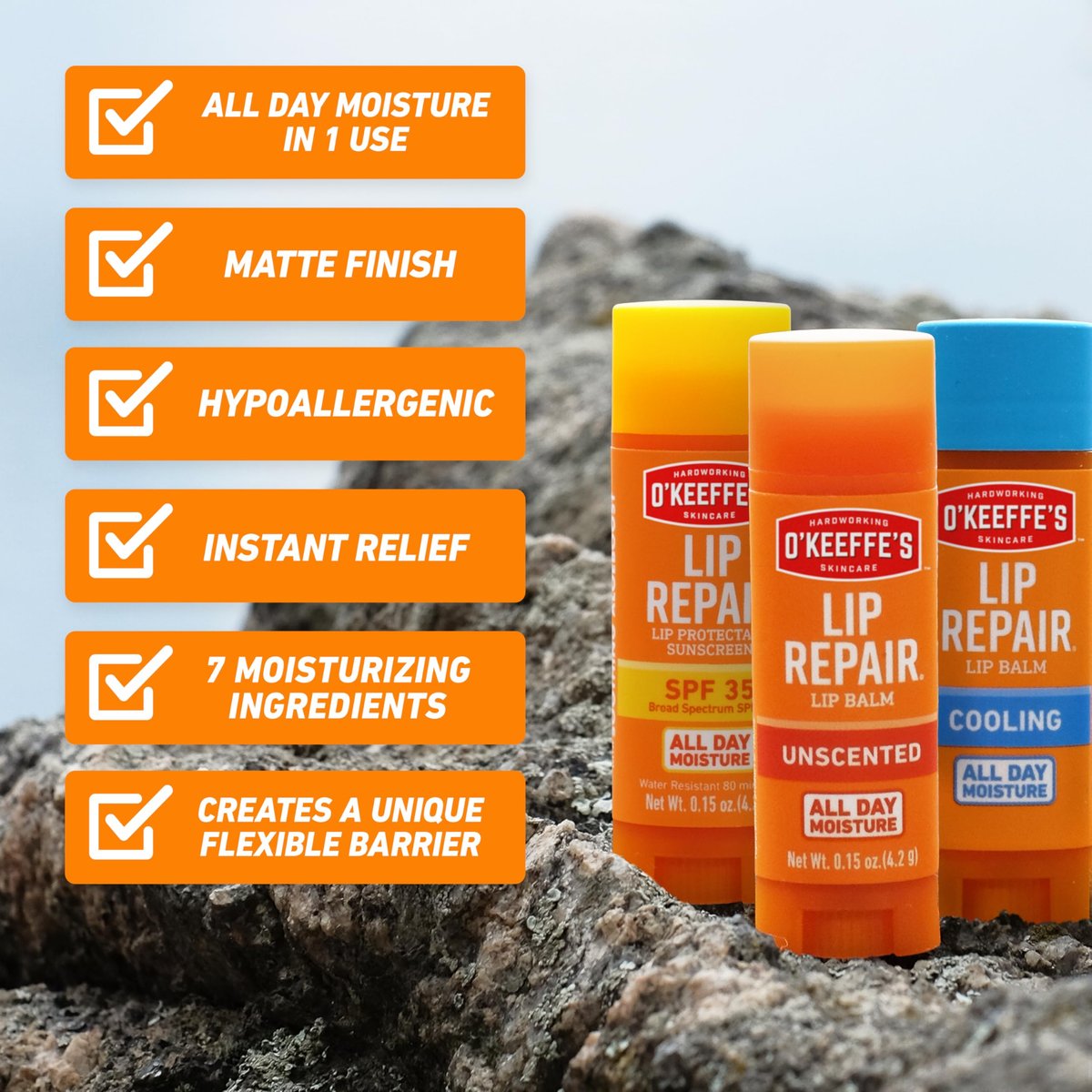 O'Keeffe's Lip Repair Lip Balm Set for Dry, Cracked Lips - Stick (Pack of 3: 1 Cooling + 1 Unscented + 1 SPF) - Moisturizer for Extremely Cracked, Dry Lips - görsel 5