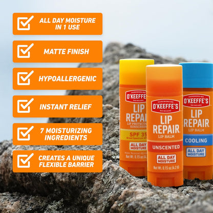 O'Keeffe's Lip Repair Lip Balm Set for Dry, Cracked Lips - Stick (Pack of 3: 1 Cooling + 1 Unscented + 1 SPF) - Moisturizer for Extremely Cracked, Dry Lips