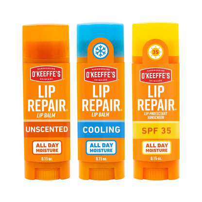 O'Keeffe's Lip Repair Lip Balm Set for Dry, Cracked Lips - Stick (Pack of 3: 1 Cooling + 1 Unscented + 1 SPF) - Moisturizer for Extremely Cracked, Dry Lips