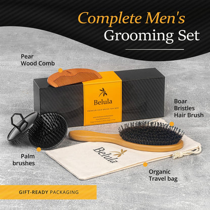 Belula Men's Hair Grooming Set: Boar Bristle Brush, Nylon Pin Brush, Wooden Comb, and Travel Bag for Styling Avelisse
