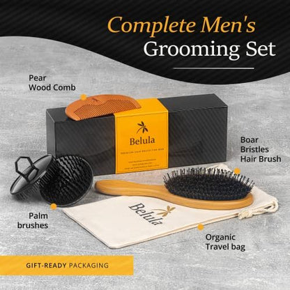 Belula Men's Hair Grooming Set: Boar Bristle Brush, Nylon Pin Brush, Wooden Comb, and Travel Bag for Styling Avelisse