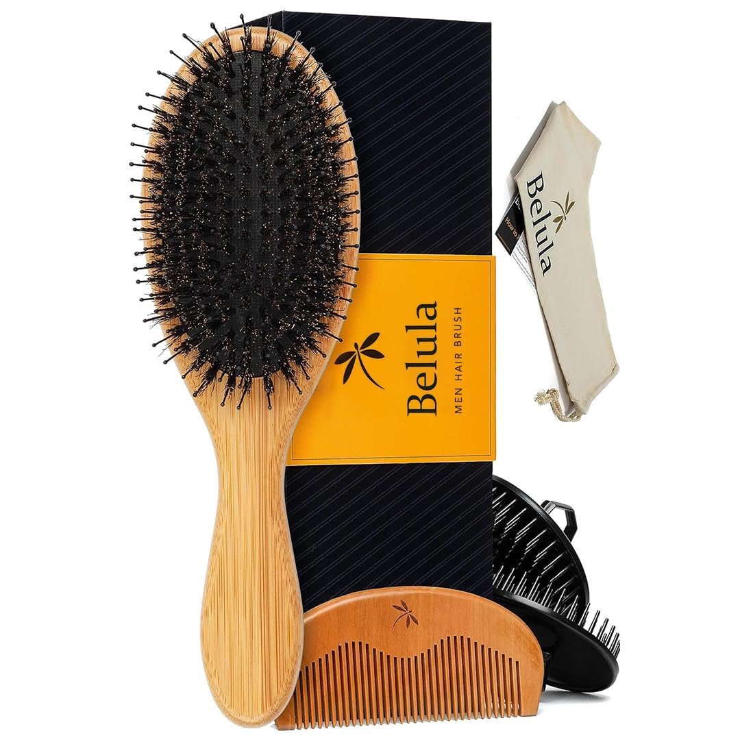 Belula Men's Hair Grooming Set: Boar Bristle Brush, Nylon Pin Brush, Wooden Comb, and Travel Bag for Styling Avelisse