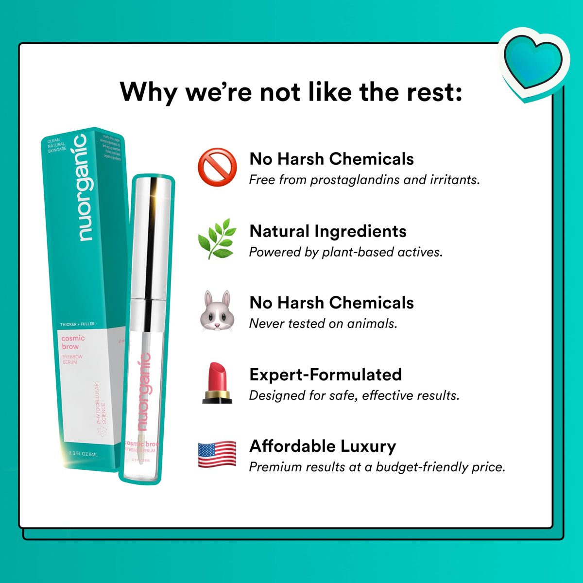 NuOrganic Cosmic Brow Eyebrow Serum for Growth - Natural Eye Brow Serum for Thicker, Longer, More Defined Brows - 4 Months Supply XL Size - Cruelty Free, Made in USA Avelisse