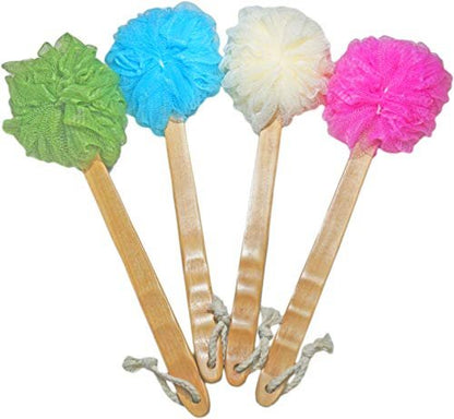 4 Pack Shower Loofah Body & Back Scrubber - Exfoliating Loofah on a Stick with Long Wooden Handle for Men & Women - Easy Reach Body Wash & Lotion Applicator Avelisse