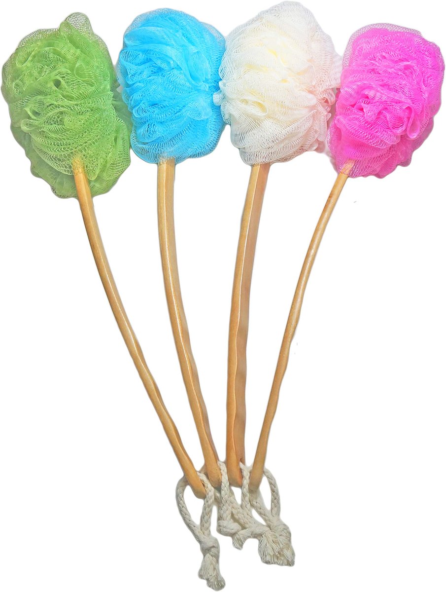 4 Pack Shower Loofah Body & Back Scrubber - Exfoliating Loofah on a Stick with Long Wooden Handle for Men & Women - Easy Reach Body Wash & Lotion Applicator Avelisse