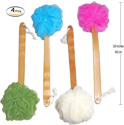 4 Pack Shower Loofah Body & Back Scrubber - Exfoliating Loofah on a Stick with Long Wooden Handle for Men & Women - Easy Reach Body Wash & Lotion Applicator Avelisse