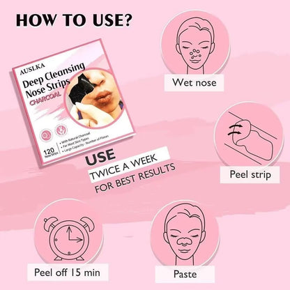 AUSLKA Blackhead Pore Strips - 120 Count Deep Cleansing Charcoal Strips for Nose & Face, Blackhead Remover