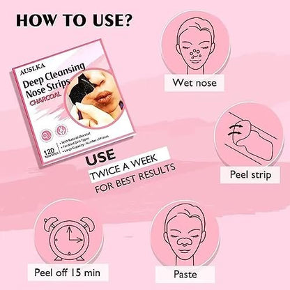 AUSLKA Blackhead Pore Strips - 120 Count Deep Cleansing Charcoal Strips for Nose & Face, Blackhead Remover