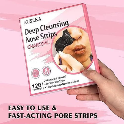 AUSLKA Blackhead Pore Strips - 120 Count Deep Cleansing Charcoal Strips for Nose & Face, Blackhead Remover