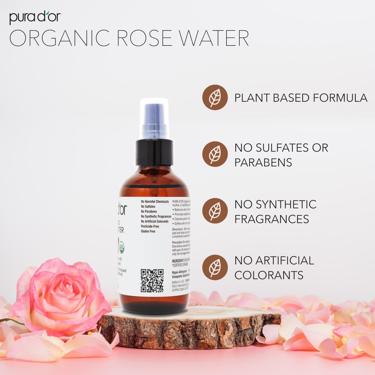 PURA D'OR Organic Rose Water Toner - USDA Certified 100% Pure, Hydrating & Balancing Facial Mist for All Skin Types (4 oz) Avelisse