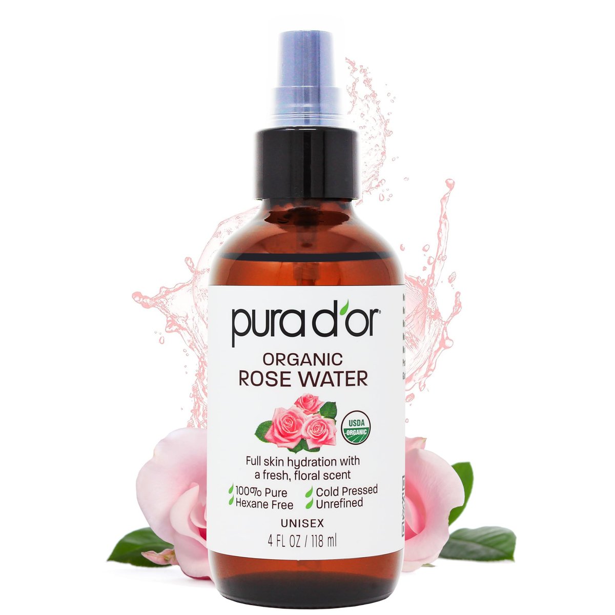 PURA D'OR Organic Rose Water Toner - USDA Certified 100% Pure, Hydrating & Balancing Facial Mist for All Skin Types (4 oz) Avelisse