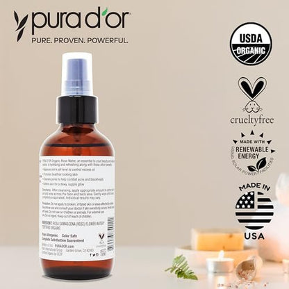 PURA D'OR Organic Rose Water Toner - USDA Certified 100% Pure, Hydrating & Balancing Facial Mist for All Skin Types (4 oz) Avelisse