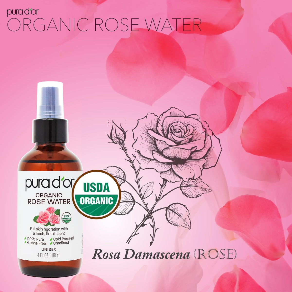 PURA D'OR Organic Rose Water Toner - USDA Certified 100% Pure, Hydrating & Balancing Facial Mist for All Skin Types (4 oz) Avelisse