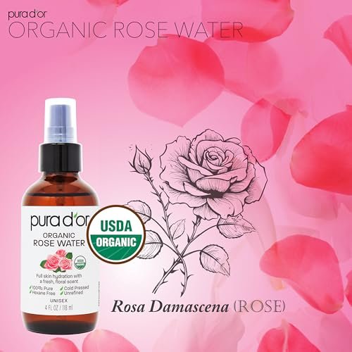 PURA D'OR Organic Rose Water Toner - USDA Certified 100% Pure, Hydrating & Balancing Facial Mist for All Skin Types (4 oz) Avelisse