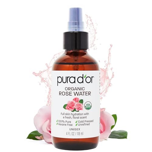 PURA D'OR Organic Rose Water Toner - USDA Certified 100% Pure, Hydrating & Balancing Facial Mist for All Skin Types (4 oz) Avelisse