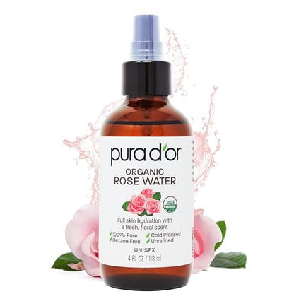PURA D'OR Organic Rose Water Toner - USDA Certified 100% Pure, Hydrating & Balancing Facial Mist for All Skin Types (4 oz) Avelisse