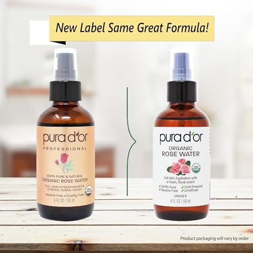 PURA D'OR Organic Rose Water Toner - USDA Certified 100% Pure, Hydrating & Balancing Facial Mist for All Skin Types (4 oz) Avelisse