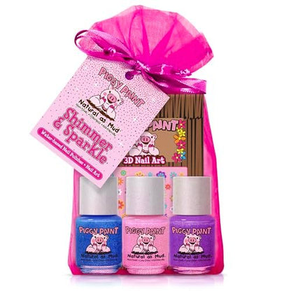 Piggy Paint 100% Non-Toxic Girls Nail Polish - Shimmer & Sparkle (3 Polish + Nail Art Gift Set) Avelisse