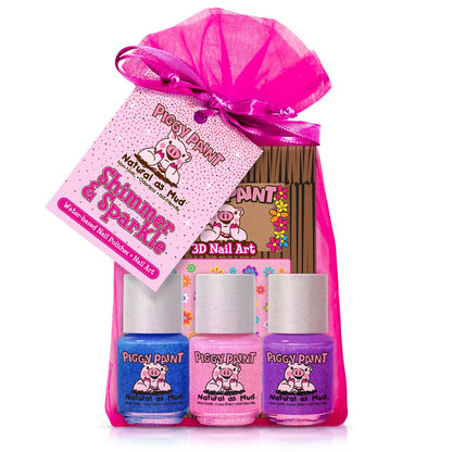 Piggy Paint 100% Non-Toxic Girls Nail Polish - Shimmer & Sparkle (3 Polish + Nail Art Gift Set) Avelisse