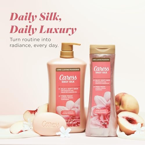 Caress Daily Silk Body Wash White Peach & Orange Blossom, 20 fl oz (4-Pack) - Moisturizing Shower Gel for Silky Soft Skin Avelisse