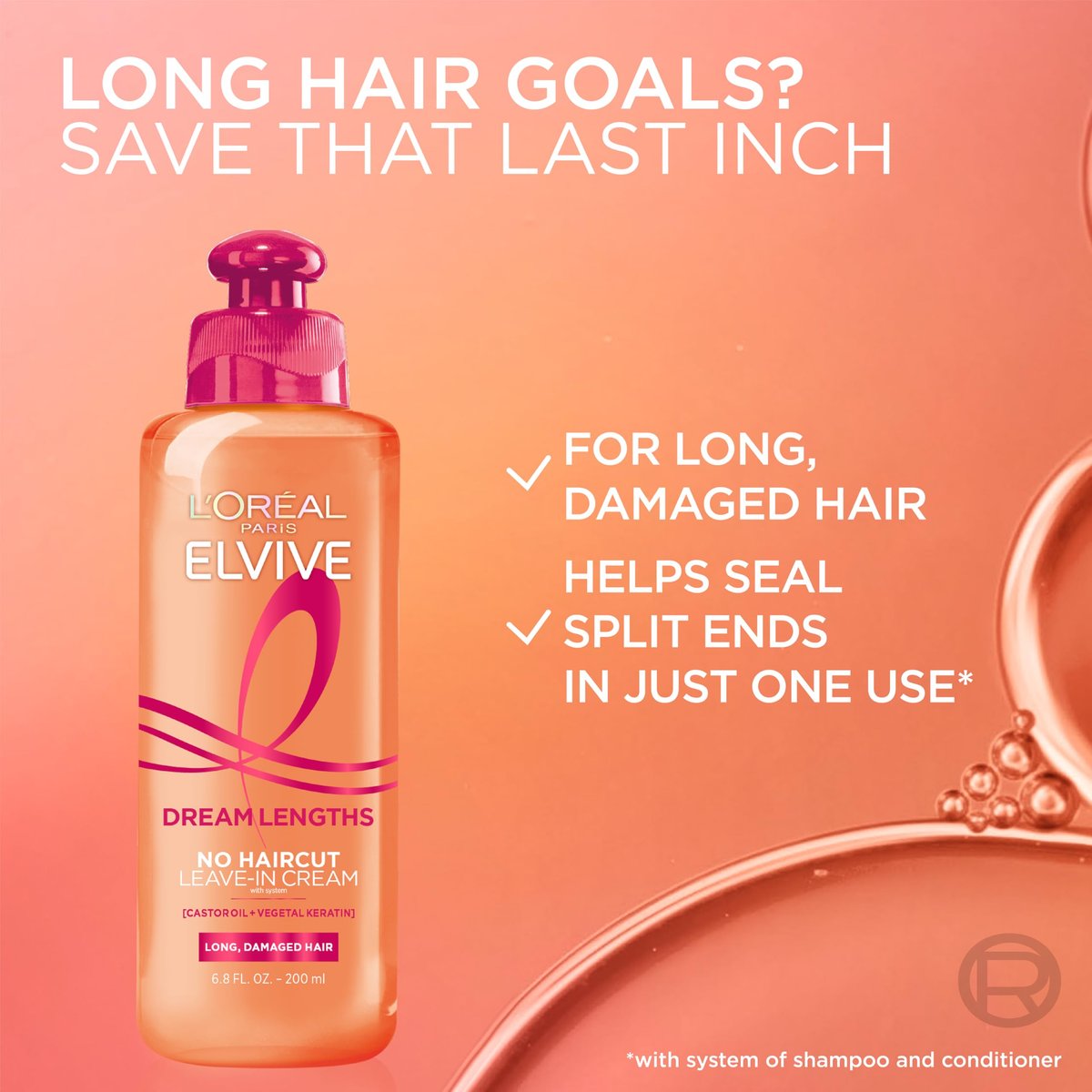L'Oreal Paris Elvive Dream Lengths No Haircut Cream Leave In Conditioner, 6.8 fl. oz. - görsel 10