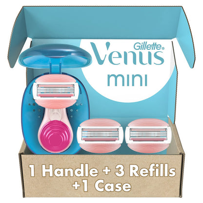 Gillette Venus Mini On The Go Women's Razor Handle with 3 ComfortGlide White Tea Scent Blade Refills + Travel Case Avelisse