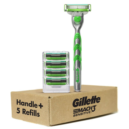 Gillette Mach3 Sensitive Shaving Razor for Men – 1 Handle + 5 Blade Refills for Sensitive Skin Avelisse