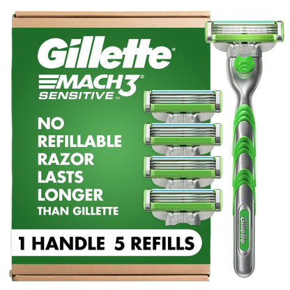Gillette Mach3 Sensitive Shaving Razor for Men – 1 Handle + 5 Blade Refills for Sensitive Skin Avelisse