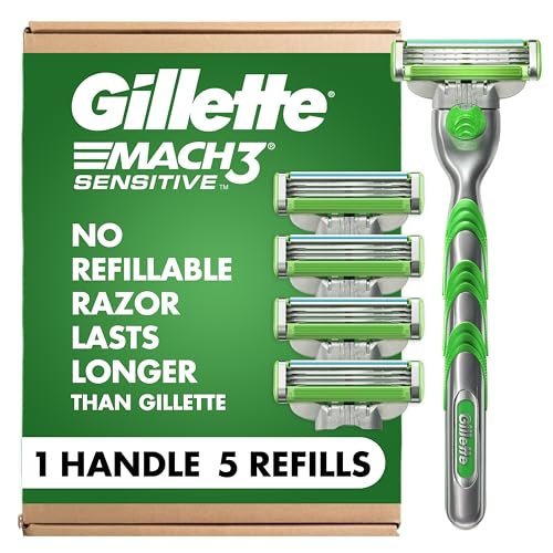 Gillette Mach3 Sensitive Shaving Razor for Men – 1 Handle + 5 Blade Refills for Sensitive Skin Avelisse
