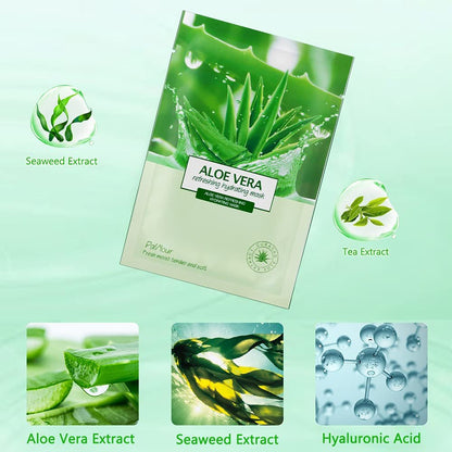 PalNour Aloe Facial Sheet Mask - Hydrating & Revitalizing for Dry, Oily, Sensitive Skin - 10 Pack