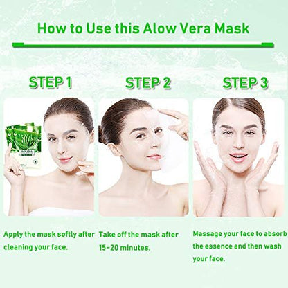 PalNour Aloe Facial Sheet Mask - Hydrating & Revitalizing for Dry, Oily, Sensitive Skin - 10 Pack