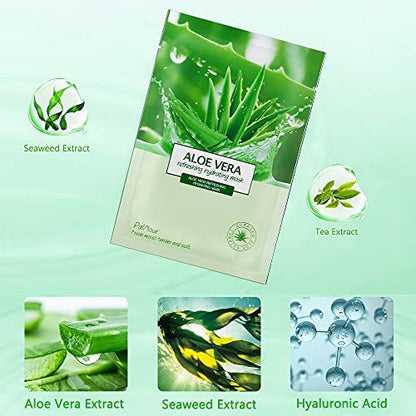 PalNour Aloe Facial Sheet Mask - Hydrating & Revitalizing for Dry, Oily, Sensitive Skin - 10 Pack