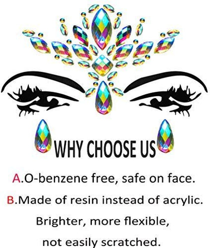 Rainbow Face Jewels & Gems Stickers – Festival Rave Accessories, Carnival Mermaid Costume Glitter (4 Count)