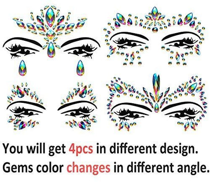 Rainbow Face Jewels & Gems Stickers – Festival Rave Accessories, Carnival Mermaid Costume Glitter (4 Count)