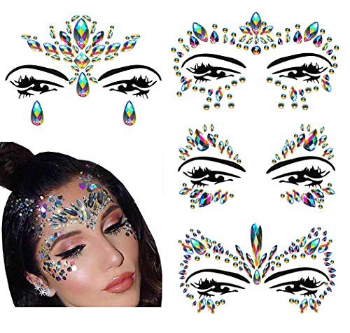 Rainbow Face Jewels & Gems Stickers – Festival Rave Accessories, Carnival Mermaid Costume Glitter (4 Count) - görsel 2