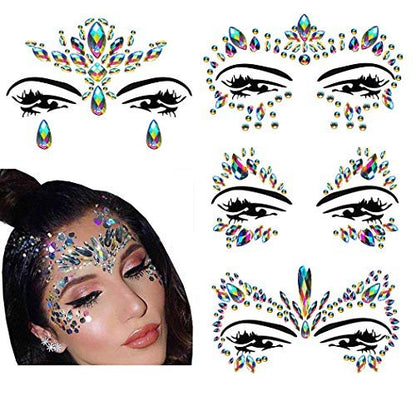 Rainbow Face Jewels & Gems Stickers – Festival Rave Accessories, Carnival Mermaid Costume Glitter (4 Count)