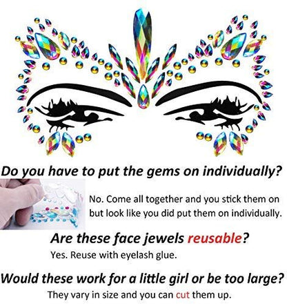 Rainbow Face Jewels & Gems Stickers – Festival Rave Accessories, Carnival Mermaid Costume Glitter (4 Count)