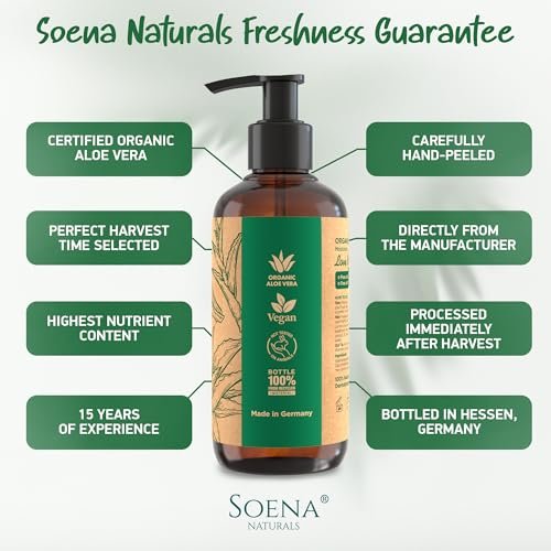 Soena Aloe Vera Gel Organic – Pure Aloe Leaf Juice, Vegan, Unscented, Certified Organic, Made in Germany – Moisturizer for Face, Skin, Hair & Sunburn Relief (8.45 Fl Oz) Avelisse