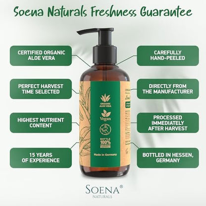 Soena Aloe Vera Gel Organic – Pure Aloe Leaf Juice, Vegan, Unscented, Certified Organic, Made in Germany – Moisturizer for Face, Skin, Hair & Sunburn Relief (8.45 Fl Oz) Avelisse