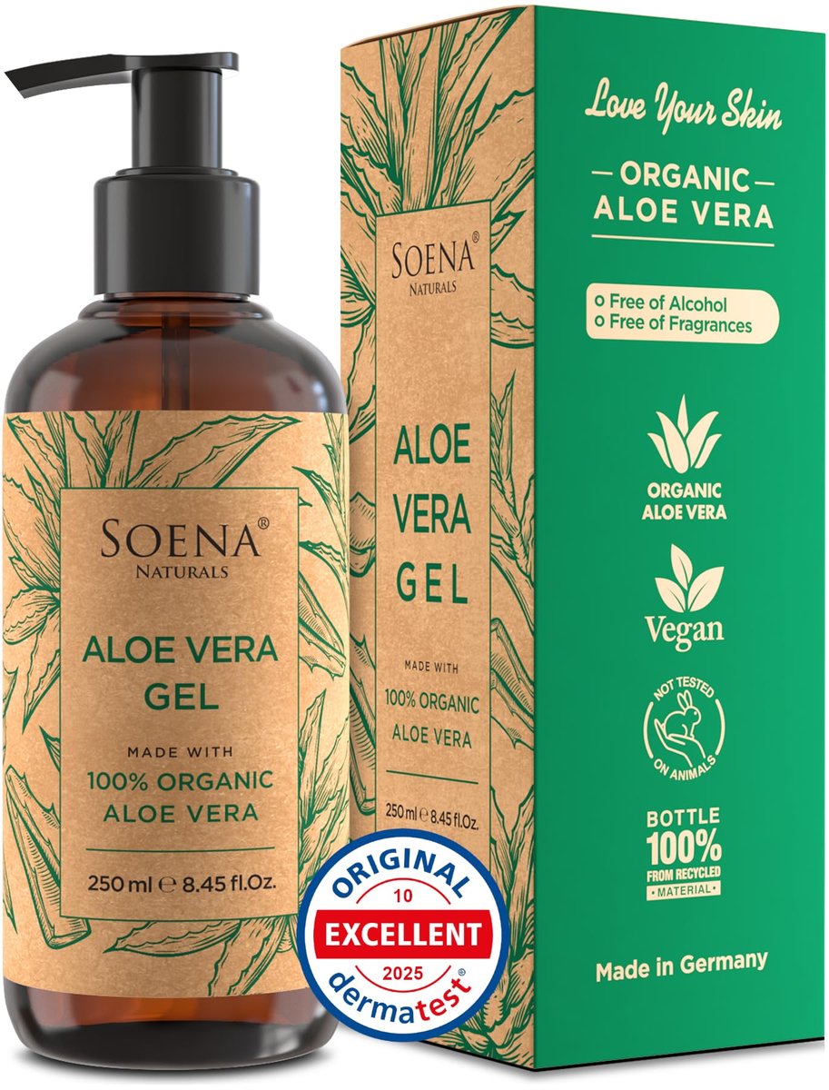 Soena Aloe Vera Gel Organic – Pure Aloe Leaf Juice, Vegan, Unscented, Certified Organic, Made in Germany – Moisturizer for Face, Skin, Hair & Sunburn Relief (8.45 Fl Oz) Avelisse
