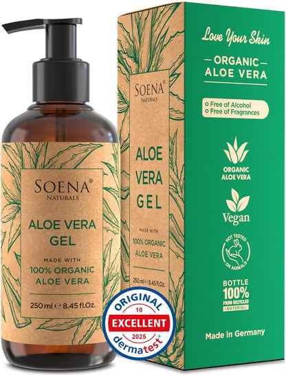 Soena Aloe Vera Gel Organic – Pure Aloe Leaf Juice, Vegan, Unscented, Certified Organic, Made in Germany – Moisturizer for Face, Skin, Hair & Sunburn Relief (8.45 Fl Oz) Avelisse