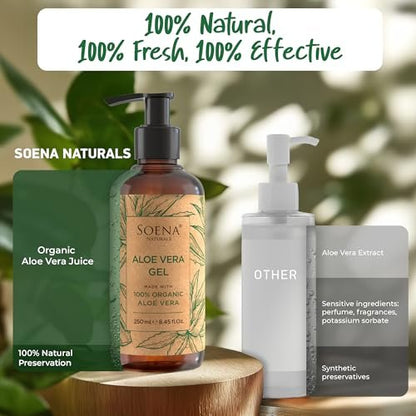 Soena Aloe Vera Gel Organic – Pure Aloe Leaf Juice, Vegan, Unscented, Certified Organic, Made in Germany – Moisturizer for Face, Skin, Hair & Sunburn Relief (8.45 Fl Oz) Avelisse