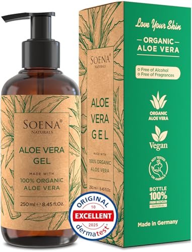 Soena Aloe Vera Gel Organic – Pure Aloe Leaf Juice, Vegan, Unscented, Certified Organic, Made in Germany – Moisturizer for Face, Skin, Hair & Sunburn Relief (8.45 Fl Oz) Avelisse