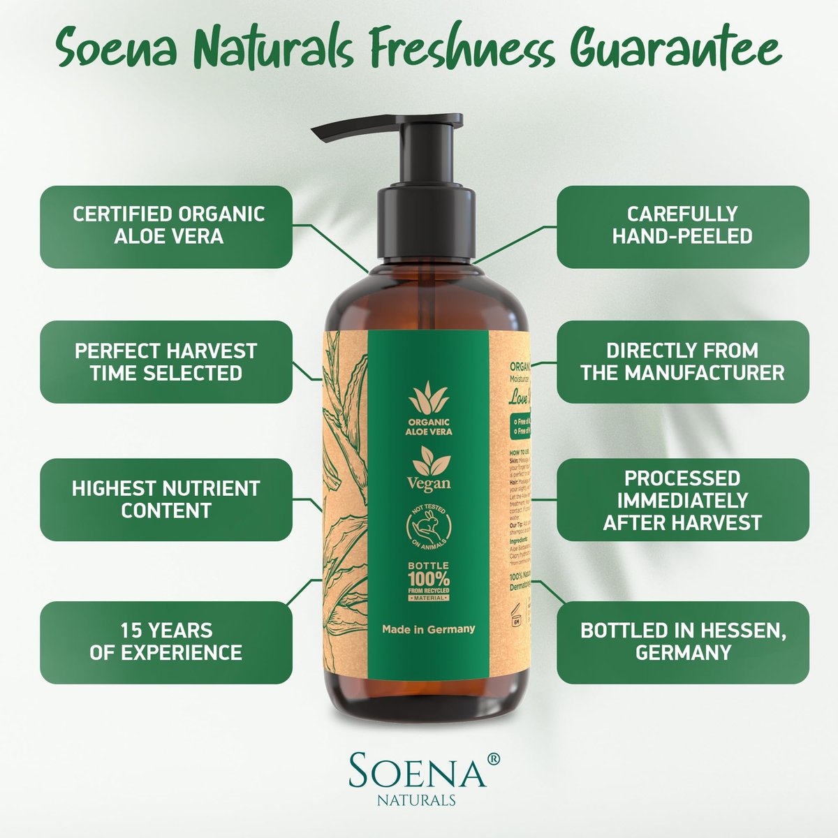 Soena Aloe Vera Gel Organic – Pure Aloe Leaf Juice, Vegan, Unscented, Certified Organic, Made in Germany – Moisturizer for Face, Skin, Hair & Sunburn Relief (8.45 Fl Oz) Avelisse